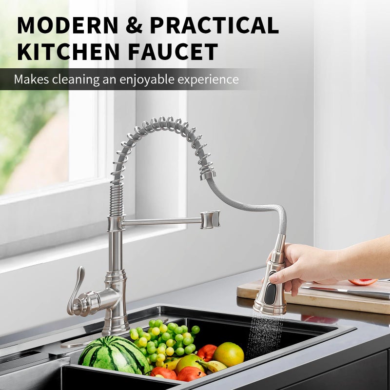 BWE Kitchen Sink Faucet with Deck Plate Single Handle Lever with Pull Down Sprayer Spring 3 Function Kitchen Faucet High Arc Farmhouse Commercial Bar Kitchen Faucets Brushed Nickel - Image 5